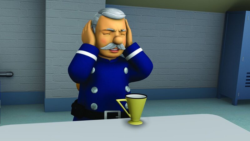 Hauptfeuerwehrmann Steele kann die Gesangseinlagen von Elvis nicht mehr ertragen. – Bild: KiKA/​2011 Prism Art & Design Limited