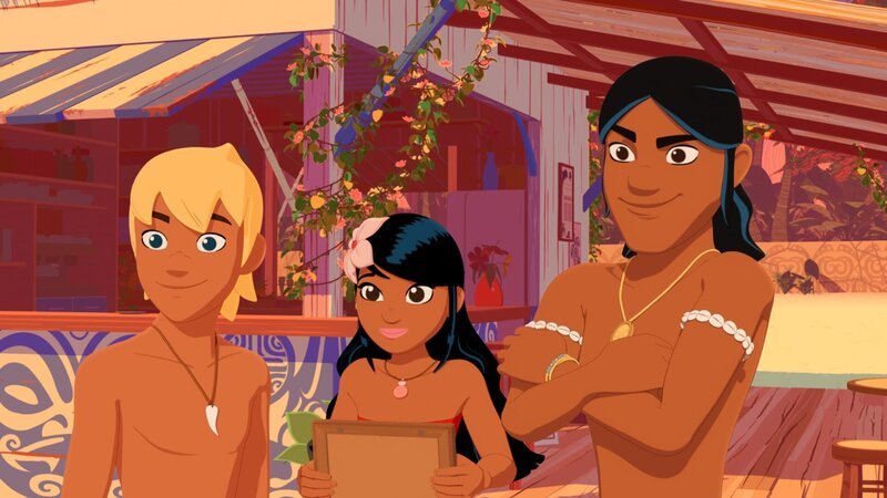 Yann, Timeti und Auru sind begeistert. Timeti hat das Bild wiedergefunden, das ein berühmter Maler einst auf ihrer Insel gemalt hat. – Bild: ZDF/​Media Valley/​Marzipan Films/​TF1/​Gaumont Animation