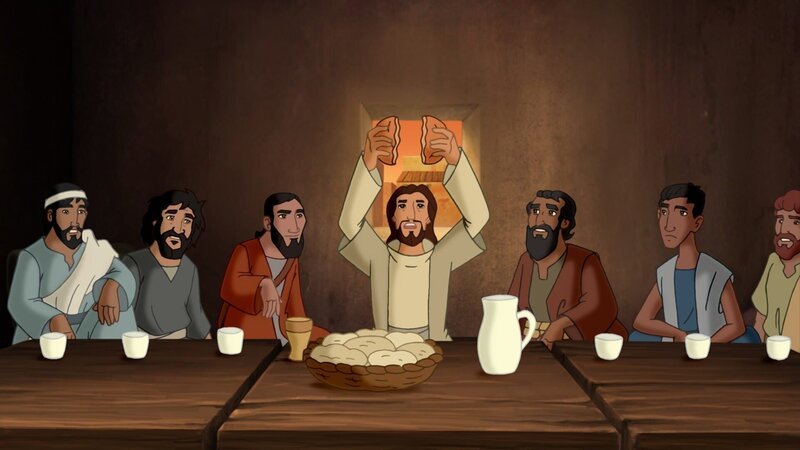 Jesus bricht das Brot für das letzte Abendmahl mit seinen Jüngern. – Bild: KI.KA/​Cross Media/​Beta/​Trickcompany