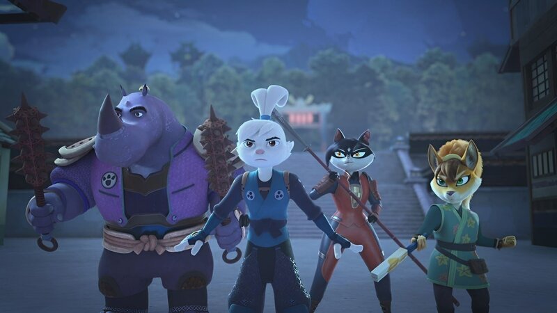 Usagi (2.v.l.) trifft vor dem Tempel auf sein Team: Gen (l.), Chizu (2.v.r.) und Kitsune (r.). Der trainierte Usagi kann seinen Freunden beim Kampf gegen Lady Fuwa und den Ninjas helfen. – Bild: ZDF/​2022 Usagi Productions LLC. All Rights Reserved