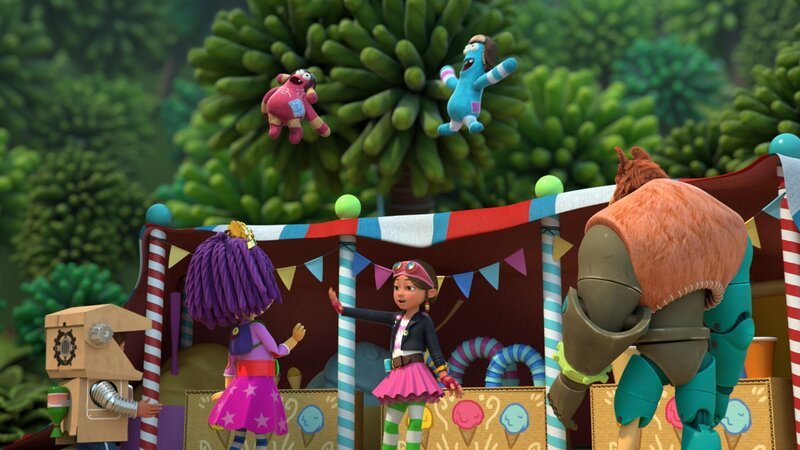 Bitz überlegt mit Fleur wie man Robo-Bobinos Hochseilakt sichern kann. – Bild: KiKA/​BBC/​Boat Rocker Rights Inc. MMXVIII