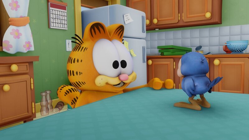 Garfield ist überglücklich. Denn ihm ist ein kleiner Blauvogel ins Haus geflattert, den er vor einiger Zeit persönlich ausgebrütet hat! – Bild: HR/​DARGAUD MEDIA