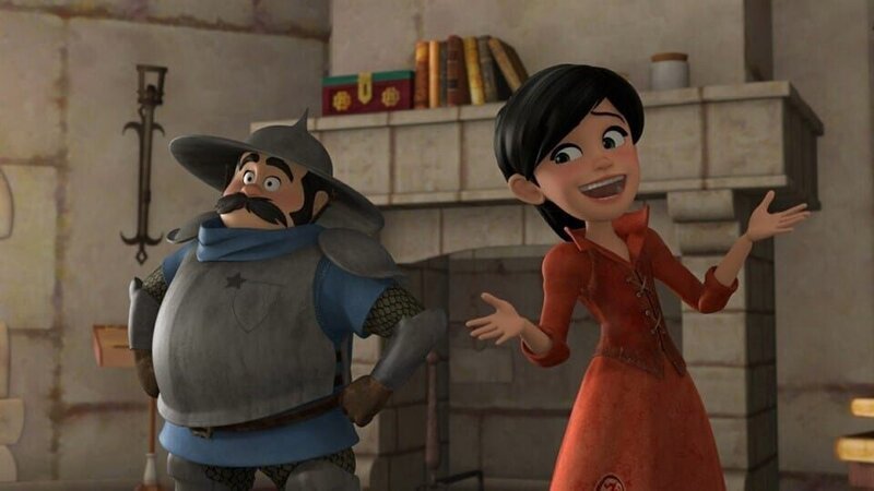 Scarlett (r.) spielt dem Sheriff (l.) Theater vor, um Marian aus dem Schloss zu schmuggeln. – Bild: ZDF/​Method Animation 2021/​ZDF Studios/​KidsMe