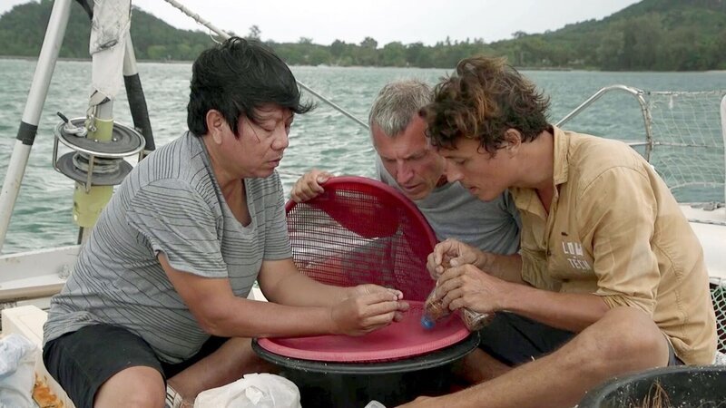 Insektenzüchter Alex (li.) zeigt Olivier Guy (Mi.) und Corentin de Chatelperron (re.), wie sie die Käfer richtig in der Box verstauen. – Bild: FL Concepts & Co.