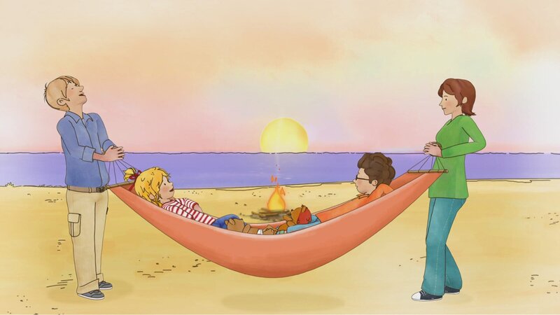 Nach einer aufregenden Gewitternacht im Zelt ist erst einmal Erholung angesagt, zumindest für Conni und Simon! – Bild: ZDF