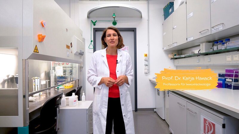 Wie schützt sich unser Körper gegen gefährliche Bakterien oder Viren? Mit seinem Immunsystem. Das besteht aus vielen verschiedenen Zellen und Organen, die dabei helfen, die Eindringlinge zu bekämpfen. Die Biologin Prof. Dr. Katja Hanack von der Universität Potsdam zeigt, wie die Immunabwehr funktioniert und welche Zellen in unserem Körper gegen Bakterien und Viren vorgehen. – Dr. Katja Hanack, Professorin für Immuntechnologie an der Universität Potsdam. – Bild: rbb/​Universität Potsdam/​ZIM