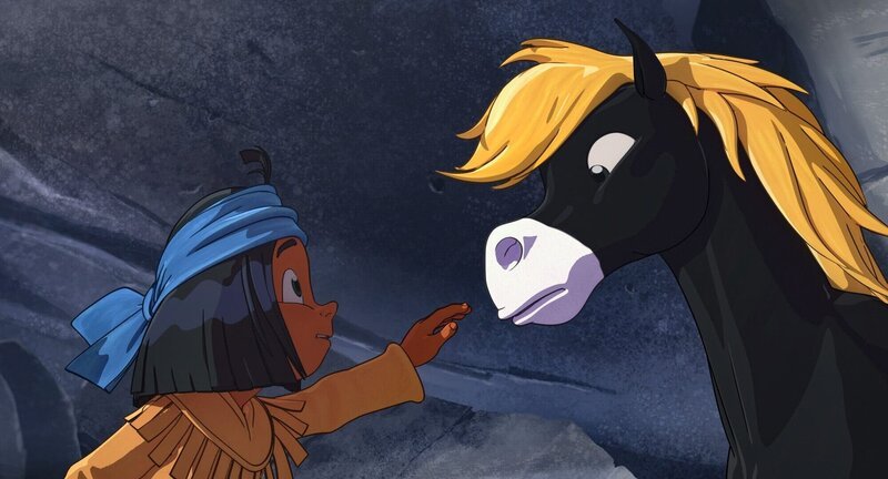 Yakari möchte dem Mustang Kleiner Donner helfen, doch der ist misstrauisch. – Bild: ORF/​MEDIATOON