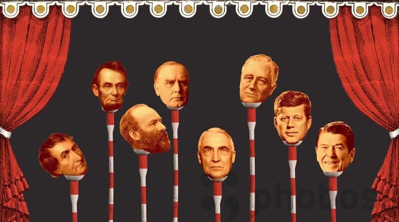 Die Köpfe von Ronald Reagan, JFK, Franklin Roosevelt, Warren G. Harding, William McKinley, James Garfield, Abraham Lincoln und William Harrison sind Zielscheiben auf einer Kokosnuss. – Bild: Curiosity Stream/​Jamie Hobbis /​ National Geographic /​ National Geographic