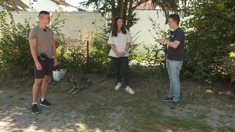 Leo (l.) und Gloria mit Basenji-Schäferhund-Mix „Henry“ und Trainer Marcel Wunderlich – Bild: RTL /​ Mina TV /​ Folge 64