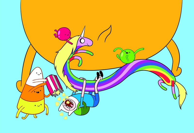 In the middle, second from the left: Lady Rainicorn (Niki Yang), On the bottom: Finn (Jeremy Shada) – Bild: Turner /​ CARTOON NETWORK