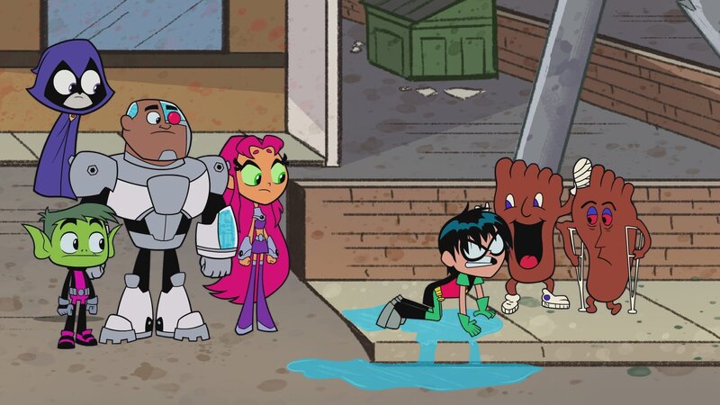 Raven (oben, l.), Beast Boy (unten, l.), Cyborg (2.v.l.), Starfire (m.), Robin (3.v.r.) – Bild: The Cartoon Network, Inc.