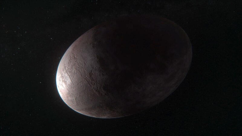 Haumea, ein Zwergplanet im Kuipergürtel, ist sehr weit vom Mittelpunkt des Sonnensystems entfernt. Seine Eiform widerspricht eigentlich den Gesetzen der Schwerkraft. – Bild: ZDFinfo