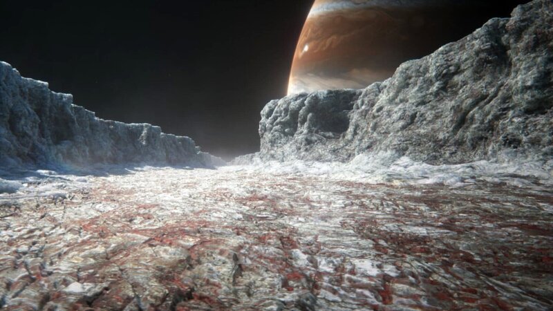 Die Eiskruste des Jupitermonds Europa könnte einen gigantischen Ozean bedecken. Möglicherweise gibt es darin sogar Leben. – Bild: ZDF und BBC 2024