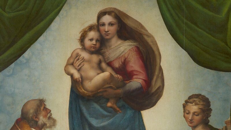 Sternstunde Religion Alles über Maria – Der Kult um die Superheilige (2/​2) Raphaël (aka), Sanzio Raffaello (1483⁠–⁠1520): La Madone Sixtine – Bild: SRF/​BPK, Berlin, Dist. GrandPalaisRmn /​ Elke Estel, Hans-Peter Klut