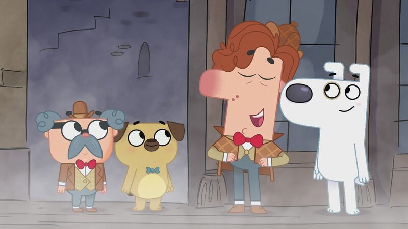 Endlich haben sich Dog, Puck, Dr. Watson und Holmes gefunden. Aber wo ist der Hut? – Bild: KiKA/​Dog Loves Productions Limited 2020