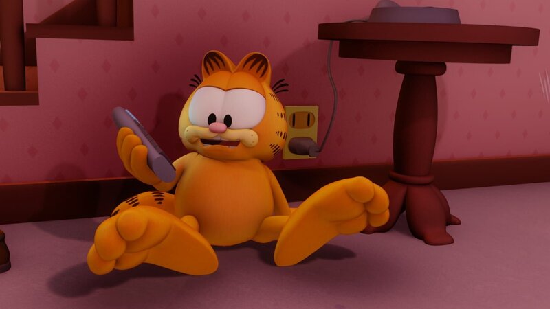 Garfield hängt in der Warteschleife von Jons Kabelbetreiber, es dauert nicht lange bis er einschläft … – Bild: HR/​DARGAUD MEDIA