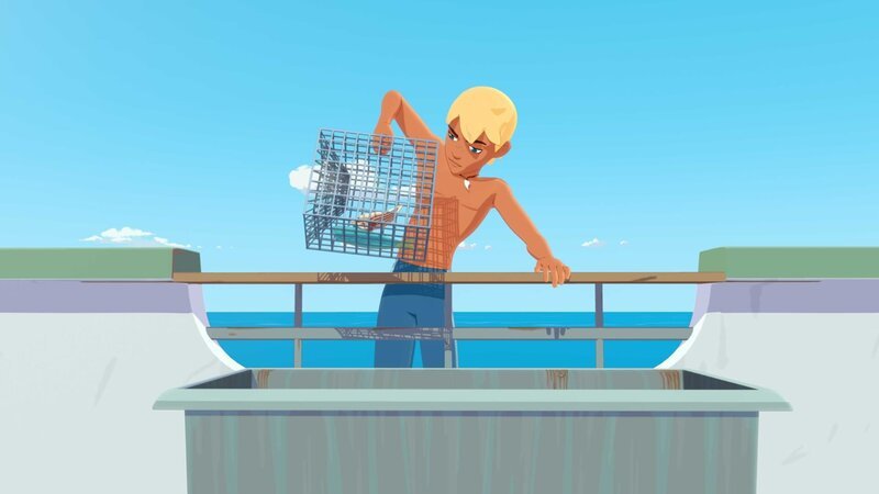 Yann hat einige kranke Fische aus dem Meer gefischt. Ein Gift scheint die Tiere krank zu machen und das Korallenriff auszubleichen. – Bild: ZDF/​Media Valley/​Marzipan Films/​TF1/​Gaumont Animation