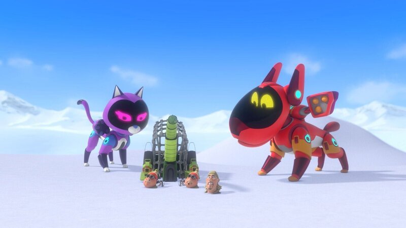 Pup-E (re.) und Kitt-10 machen in der Arktis die Tierfänger dingfest. – Bild: Die Pinguin-Rettung /​ © 2022 ALPHA /​ METHOD ANIMATION