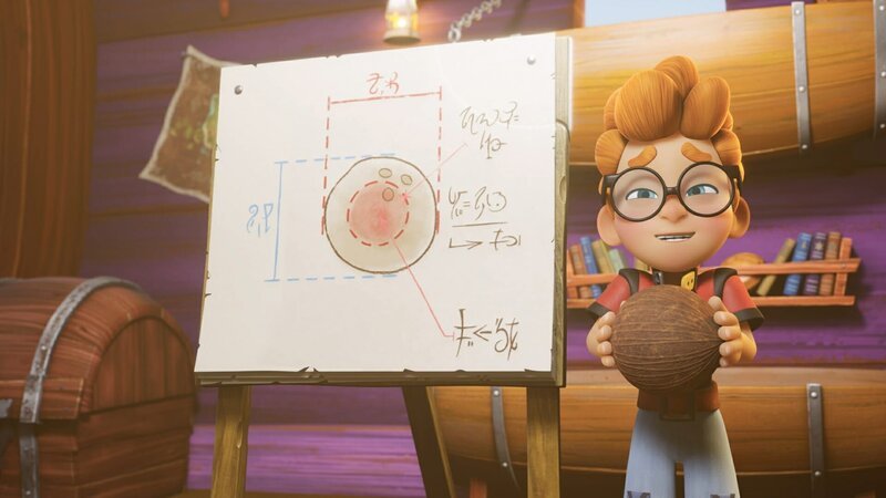 Alexander führt mathematische Berechnungen durch, um die verdammte Kokosnuss zu knacken. – Bild: ZDF/​Method Animation/​Mediawa … /​ KiKA