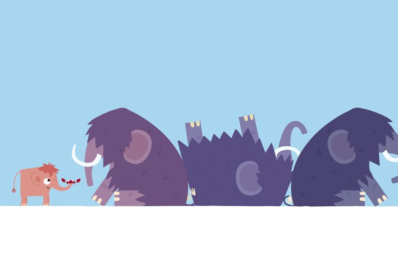 Guetnachtgschichtli. Animanimals - S Mammut. Staffel 2. Folge 20. Die Mammuts haben zu lange Haare und sehen nichts mehr. – Bild: SRF/​Meta Media Entertainment