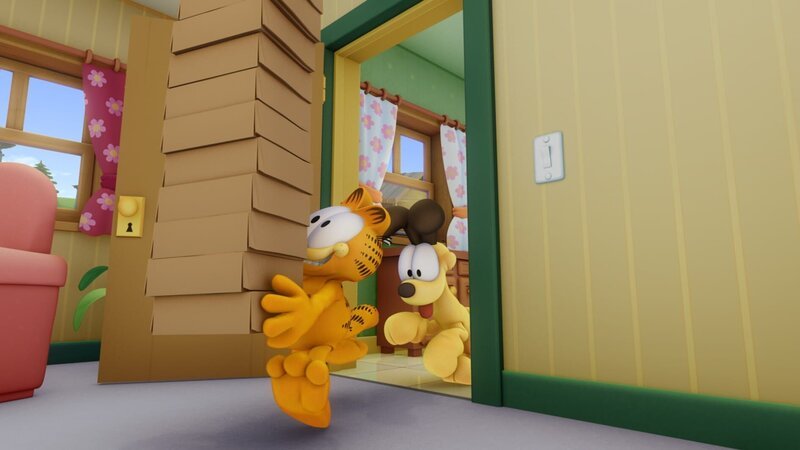 Garfield hat einen Glückstag erwischt. Er schnappt sich zwölf Dutzend Donuts, die Jon für eine Party gekauft hat. – Bild: HR/​DARGAUD MEDIA