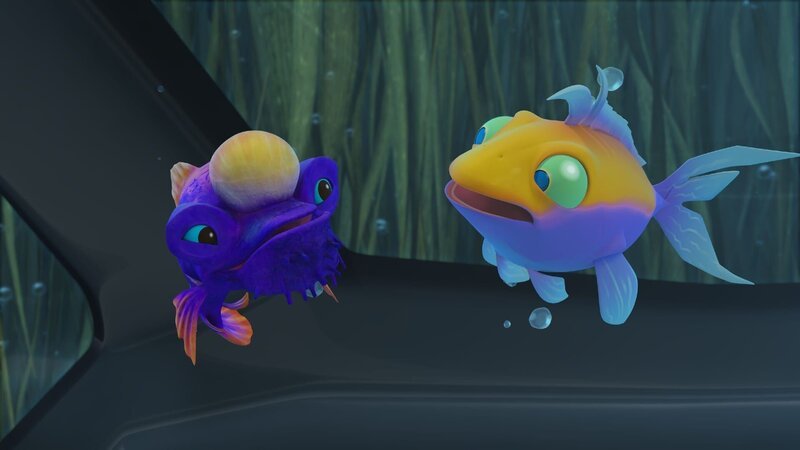 Jeffrey (r.) lernt den lilanen Fisch kennen, der angeblich Pech bringen soll. – Bild: 2015 Hydrologic Productions In