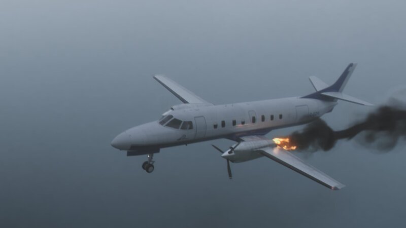 Propair Flight 420 is on a re-route course and is 1 kilometer away from the Mirable Airport runway, but its left engine has severely caught on fire. – Bild: National Geographic
