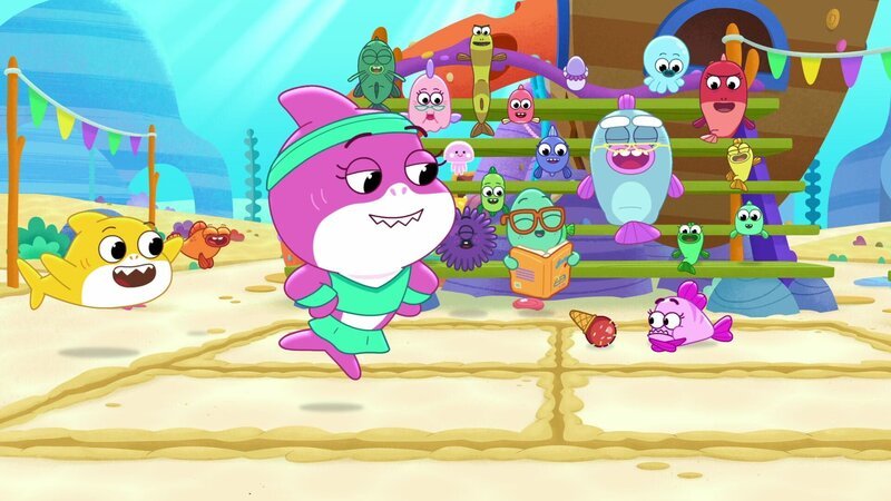 Vorne: Baby Shark, William, Mommy Shark, Ernie Urchin, Squinton, Penny – Bild: Paramount