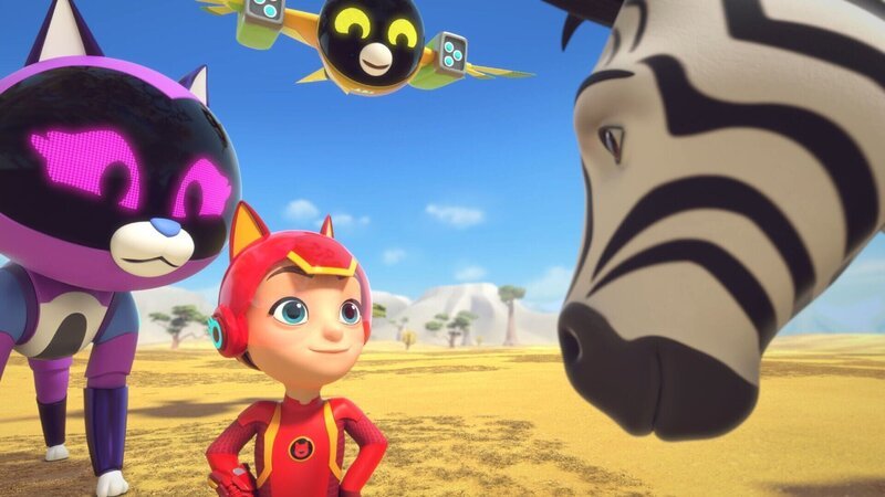 Matt (Mi.) und Kit-10 (li.) und Paul-E helfen einem Zebra. – Bild: Die Zebra-Rettung /​ © 2022 ALPHA /​ METHOD ANIMATION