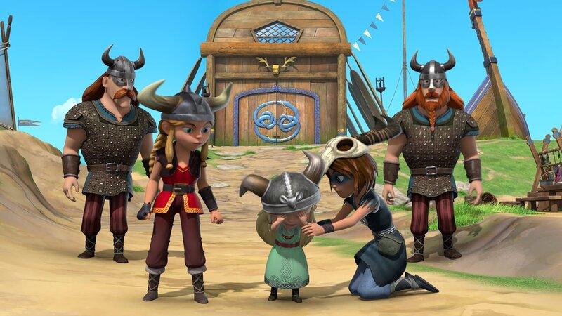 Solveig (M.) weint, als sie erfährt, dass ihr Vater nicht mehr der Anführer der Wikinger ist. Stig (2.v.r.) versucht sie zu trösten. – Bild: ZDF