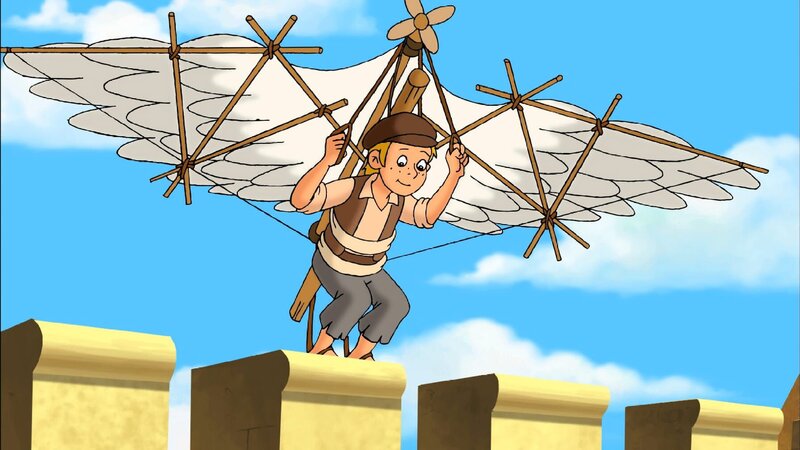 Liam probiert seine neuste Erfindung, den Flugapparat, aus. – Bild: ZDF und Kiddinx