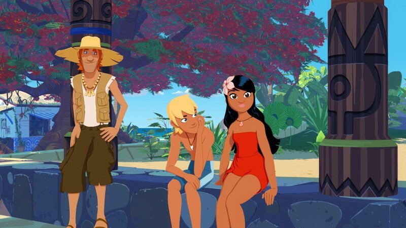 Jack, Yann und Timeti hören mit Erstaunen, dass Auru heute für einen Tag der Dorfvorsteher ist, weil sein Vater zu einer Konferenz muss. Die drei wollen aufs Festland fliegen, um dort für das große Fest am Abend einzukaufen. – Bild: ZDF/​Media Valley/​Marzipan Films/​TF1/​Gaumont Animation