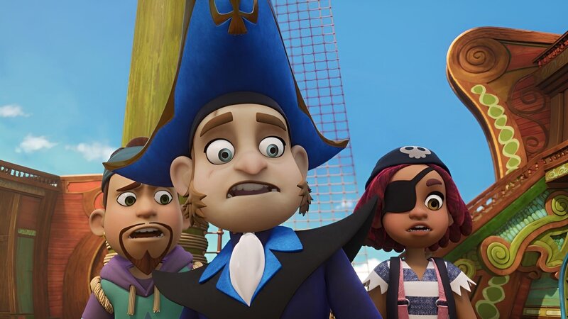 Auch Käpt’n Yogatee, Käpt’n Flint und Käpt’n Säbelrost sind wenig erfreut beim Anblick des fiesen Inspekteurs der Pirate Academy. – Bild: ZDF/​Method Animation/​Mediawan kids & family