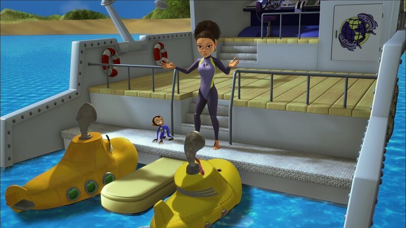 Timmy und Bess treffen sich vor der ägyptischen Küste mit der bekannten Meeresforscherin Dr. Kate Jonas und ihrem Affen Scuba. – Bild: KI.KA/​Mike Young Productions