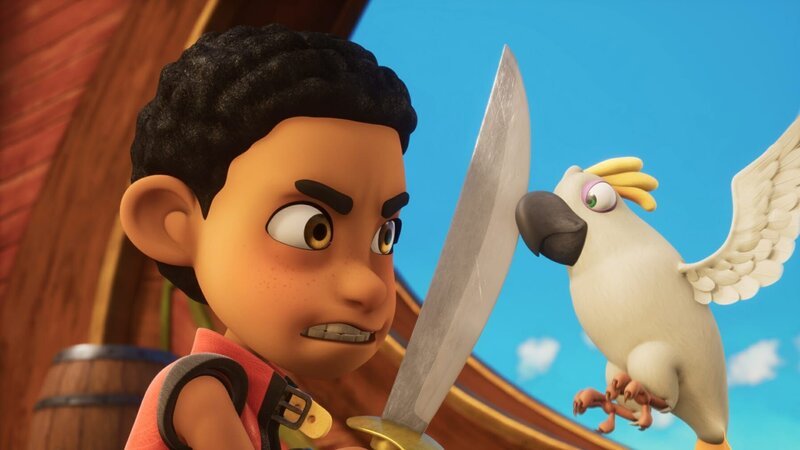 Finn liefert sich mit Käpt’n Raubeins Papagei Greif ein erbittertes Gefecht. – Bild: ZDF/​Method Animation/​Mediawan kids & family