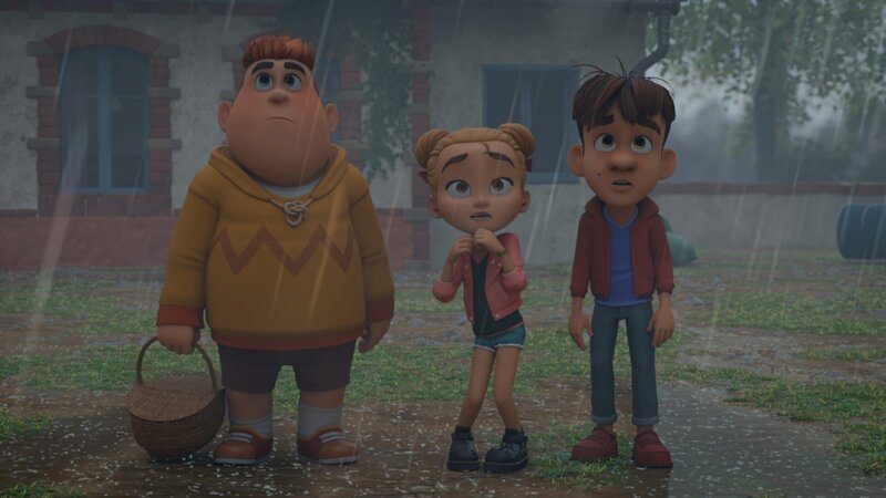 Samson, Marie und Hase haben kein gutes Gefühl, als sie bei Bauer Ludwig auf dem Hof nach Lina suchen. – Bild: ZDF/​La Station Animation