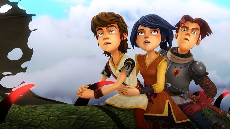 Auf einem Lindwurm reitend retten Arthur, Morgan und Gawain die Zauberwelt. – Bild: SWR/​Blue Spirit Productions/​TéléTOON+/​Canal+