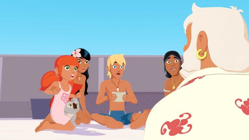 Marina, Timeti, Yann und Auru sind erschrocken, als ihnen Onkel Patrick erzählt, wer das Mädchen Taina war, in das er in seiner Jugend einmal verliebt war. – Bild: ZDF/​Media Valley/​Marzipan Films/​TF1/​Gaumont Animation