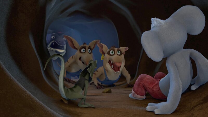 Cranky und seine Lakaien verfolgen Blinky und Jacko, um ihnen den Schatz wegzunehmen, wenn sie ihn gefunden haben. – Bild: Studio 100 Media /​ Flying Bark