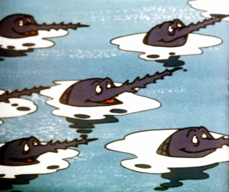 Die Sägefische rächen sich für den Raub der Säge an einem ihrer Kameraden: sie greifen das Wikingerschiff an um es zu versenken. – Bild: ORF/​Apollo Filmverleih