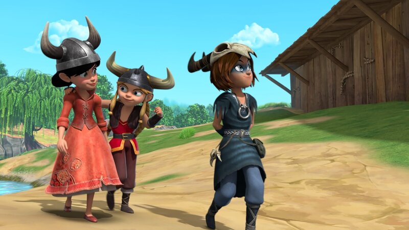 Liv (M.) und Stig (re.) schmeicheln Scarlett (li.), um an Derke heranzukommen. Sie gaukeln ihr vor, dass sie Wikingerblut hat. – Bild: ZDF und Method Animation – ZDF, ZDF Studios, KidsMe