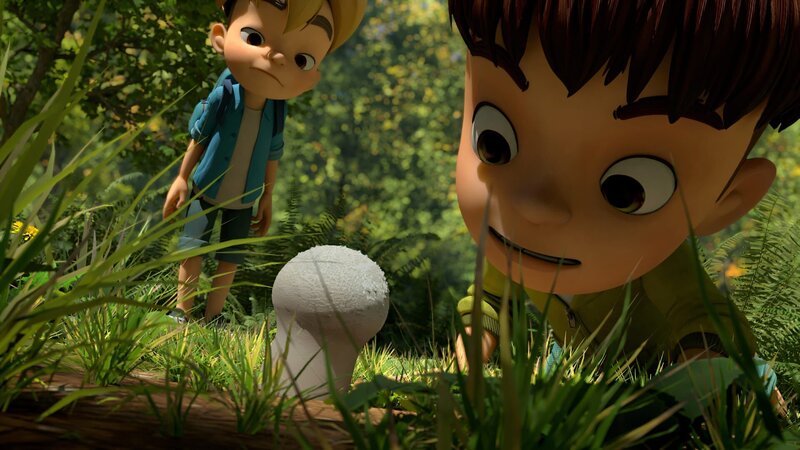 Kleiner Fuß hat schon einen schönen Pilz entdeckt. Aber ist der auch essbar? Oder am Ende giftig? – Bild: ZDF und La Station Animation