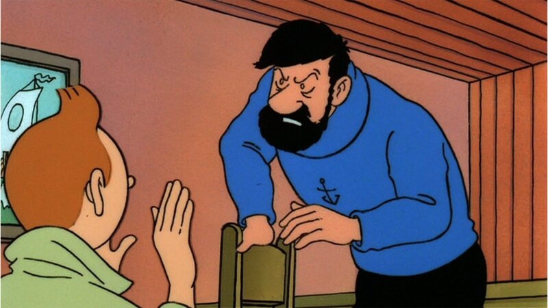 Tim dringt in die Kajüte von Kapitän Haddock ein, der darüber alles andere als erfreut ist. – Bild: ZDF und Ellipsanime/​France 3/​M6/​Nelvana