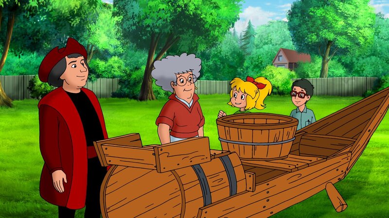 Oma Grete hat Christoph Columbus herbeigezaubert. Er soll Bibi höchst persönlich bei ihrem Referat helfen. – Bild: ZDF und A. Film A/​S und KIDDINX Studios GmbH