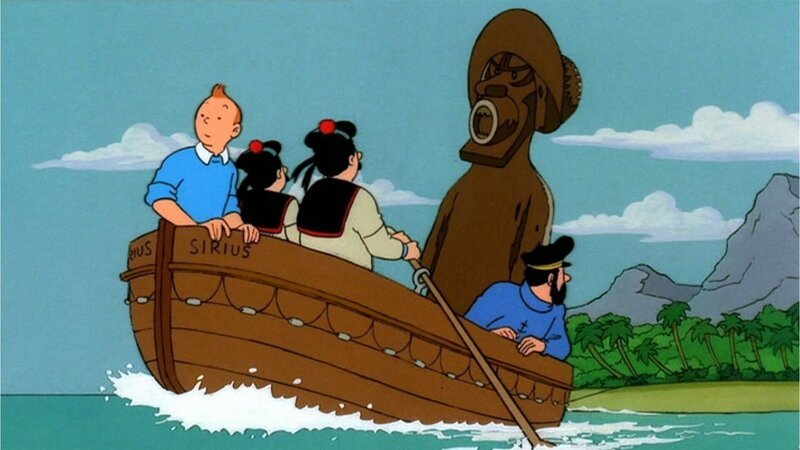 Im offenen Meer sind Tim (l.), Kapitän Haddock (r.) und die Detektive Schulz (2. v. l.) und Schultze (2. v. r.) der nächsten Gefahr ausgesetzt. – Bild: ZDF und Ellipsanime/​France 3/​M6/​Nelvana.