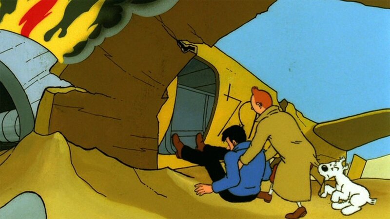 Kapitän Haddock (l.), Tim (r.) und Struppi erleiden einen dramatischen Flugzeugabsturz mitten in der Wüste. – Bild: ZDF und Ellipsanime/​France 3/​M6/​Nelvana