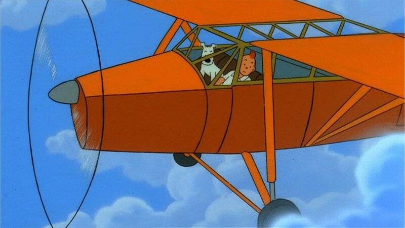 Tim und Struppi machen sich mit dem Flieger auf den Weg nach Indien, doch plötzlich kommt es zu unerwarteten Komplikationen. – Bild: ZDF und Ellipsanime/​France 3/​M6/​Nelvana