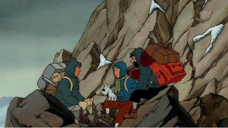Tim (M.) und Kapitän Haddock (r.) machen zusammen mit Tharkey (l.) und Struppi eine Pause auf dem Berg, bevor ein Sturm aufzieht. – Bild: Ellipsanime/​France 3/​M6/​Nelvana. Hergé – Moulinsar