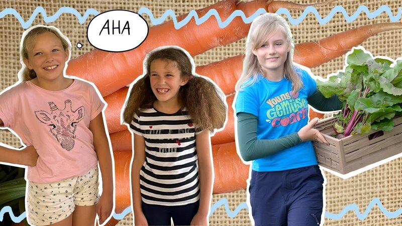 Mira (rechts) zeigt den Schwestern Aljona (links) und Elea (Mitte), welche anderen Pflanzen gut zu Möhren passen. – Bild: KiKA/​bildpool Film- & Fernsehproduktion GmbH/​Harald Mohr