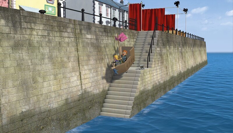 Das Piratenschiff gerät außer Kontrolle und rollt mit Hannah und Norman ins Meer. – Bild: KiKA/​2014 Prism Art & Design Limited